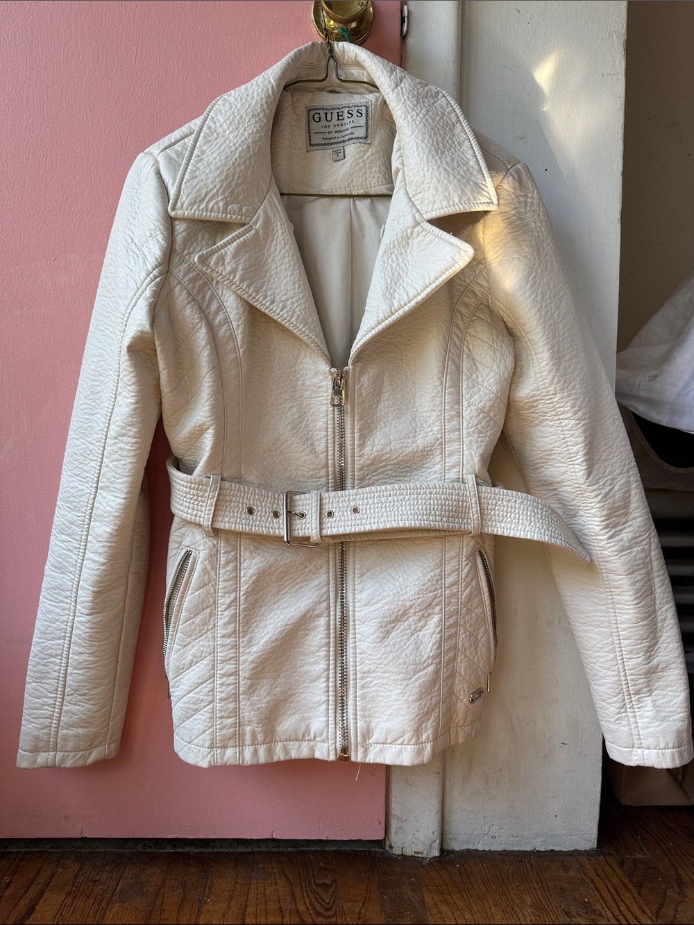 GUESS Cream/white Belted Faux Leather Moto Jacket
